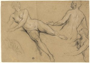 Foglio di studi: Tre donne e una mano (recto); schizzi di nudi maschili, teste e mani (verso) da Francois Marot
