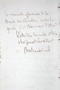 Lettera con firma dello scrittore, scritta a Francoforte durante il viaggio verso il nuovo incarico di Chateaubriand come ministro plenipotenziario a Berlino, 7 gennaio 1821 da Francois Rene Vicomte de Chateaubriand