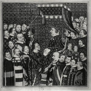 Luigi II (1337-1410) Conte di Clement, rende omaggio a Carlo V (1338-80) copia di una miniatura del XIV secolo