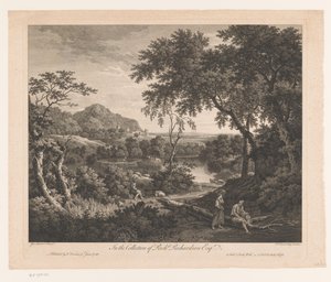 Paesaggio con pastore di pecore e due figure vicino a uno stagno da Francois Vivares