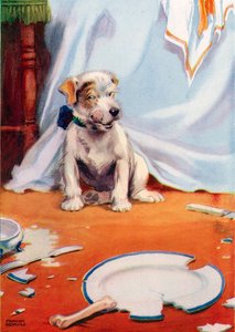 Cane con piatto rotto (litografia a colori) da Frank Adams