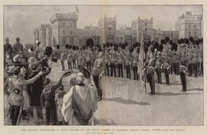 Sua Maestà presenta un Colore di Stato alle Guardie Scozzesi al Castello di Windsor, Tre Evviva per la Regina da Frank Dadd