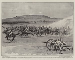 La battaglia di Ladysmith, artiglieria che corre in azione per bombardare i Boeri su Pepworth Hill