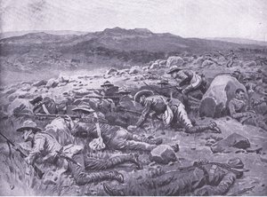 Con i Bushmen Imperiali del Queensland a Rhenoster Kop, 29 novembre 1900, illustrazione da After Pretoria: The Guerilla War, 1902 da Frank Dadd