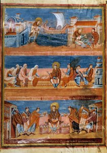 San Girolamo lascia Roma e paga il suo maestro a Gerusalemme (in alto), lavora con i suoi scribi (al centro) e distribuisce la Vulgata (in basso). Miniatura nella "Prima Bibbia di Carlo il Calvo, conosciuta anche come la Bibbia di Vivien" (Folio 3v), 845-8 da Frankish School