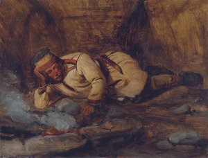 Un lappone che dorme vicino a un fuoco