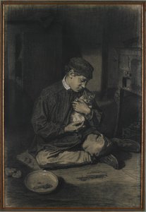 Ragazzo seduto che tiene un gatto (recto); Studio di gattini e un piatto di latte (verso), c. 1874-80