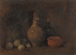Natura morta con quattro frutti, vetro e ceramica da François Bonvin