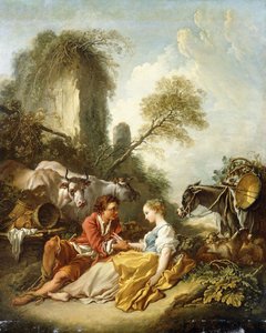 Paesaggio pastorale con un pastore e una pastorella seduti vicino a rovine