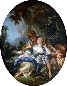 Un pastore e una pastorella in flirt in un paesaggio boscoso, 1761 da François Boucher