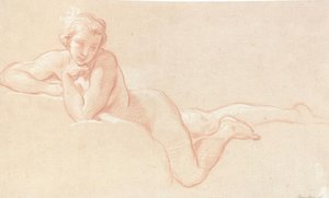 Studio di nudo di una donna sdraiata sulle nuvole, con il mento appoggiato sulla mano sinistra