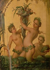 Dettaglio di sirene che tengono una cornucopia dalla Carrozza di Stato di Pietro il Grande