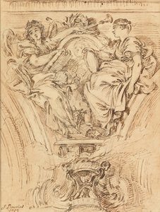 Decorazione del pennacchio:  Fama e Verità che applaudono Luigi XV da François Boucher