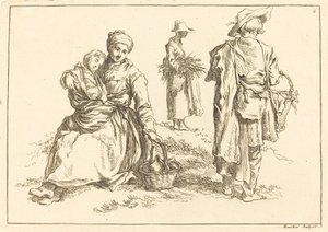 Madre seduta e bambino, due contadini in piedi