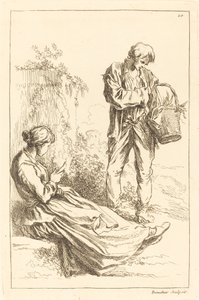 Donna seduta con ragazzo contadino che tiene un cesto da François Boucher after Abraham Bloemaert