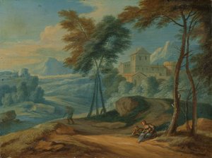 Paesaggio italianeggiante boscoso con figure da François Boudewyns