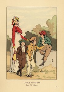 Ragazzi con giacche e pantaloni con Merveilleuse in abito romano con berretto e giacca spencer. Piccoli Patrioti, Anno VIII da François Courboin