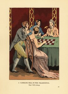 Incroyables alla moda in giacche a collo alto a un tavolo da gioco con giovane donna e croupier. Un inferno di gioco nel Palais Royal, Anno VIII