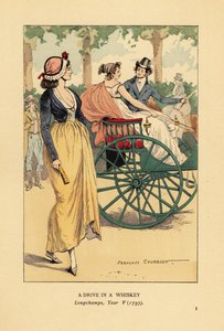 Coppia alla moda in carrozza a un cavallo a Longchamps, Parigi, Anno V