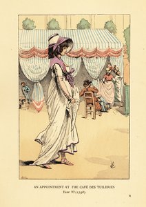 Donna alla moda che arriva per un appuntamento al Café des Tuileries, Parigi, Anno VI