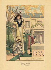 Donna alla moda o Merveilleuse davanti ai bagni termali di Vigier sulle rive della Senna, Anno V da François Courboin