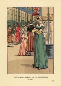 Donna alla moda che fa shopping nella Galleria di Legno del Palais Royal, Parigi da François Courboin