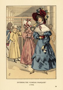 Donne alla moda a uno spettacolo, Parigi. Donna con grande cappello con nastri, vestito con colletto alto, mantella di pizzo o pelerine e maniche ampie en beret. Entrando alla Comedie Francaise da François Courboin
