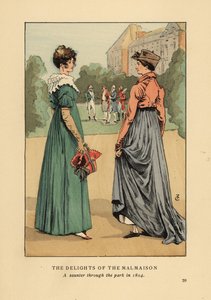 Donne alla moda che si godono le delizie del Chateau de Malmaison. Una passeggiata nel parco nel 1804. Litografia colorata a mano di R.V. dopo un