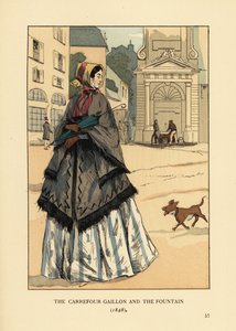 Donna davanti alla fontana di Place Gaillon, Parigi. Indossa uno scialle di cashmere con fori per le braccia chiamato la visite sopra la sua crinolina. Il carrefour Gaillon e la fontana da François Courboin