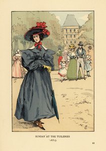 Donna che passeggia in abito della domenica nel parco. Indossa un cappello a tesa larga, un vestito con maniche ampie, stivaletti alla caviglia e porta un parasole. Domenica ai Giardini delle Tuileries