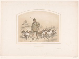 Cacciatore con dieci cani da caccia