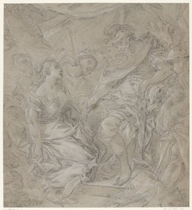 Giovane donna inginocchiata davanti a un condottiero nella sua tenda (Scipione?) da François Le Moine (manner of)
