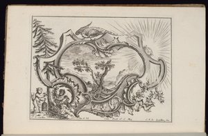 Cartiglio con uccello e sole, Livre de Cartouches Irréguliers (Libro di cartigli irregolari) da François de Cuvilliés the Elder