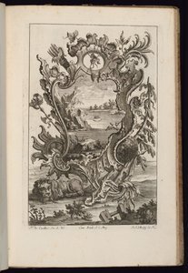 Cartiglio con carquois e leone, Livre de Cartouches Irréguliers (Libro di cartigli irregolari) da François de Cuvilliés the Elder