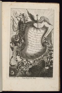 Cartiglio con il bastone di Mercurio, Livre de Cartouches Irréguliers (Libro di Cartigli Irregolari) da François de Cuvilliés the Elder