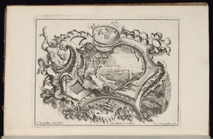Cartiglio con putto che soffia una conchiglia, Livre de Cartouches Irréguliers (Libro di cartigli irregolari) da François de Cuvilliés the Elder