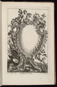 Cartiglio con putto che tiene trombe, Livre de Cartouches Irréguliers (Libro di cartigli irregolari) da François de Cuvilliés the Elder