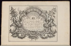 Cartiglio con sole e quattro venti, Livre de Cartouches Reguliers (Libro dei Cartigli Regolari) da François de Cuvilliés the Elder