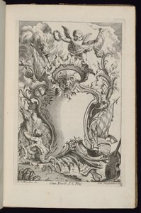 Cartiglio con un genio, Livre de Cartouches à divers usages (Libro di cartigli per diversi usi) da François de Cuvilliés the Elder
