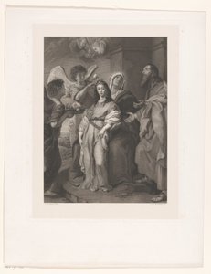 Maria come giovane donna, adornata dagli angeli in presenza di Gioacchino e Anna