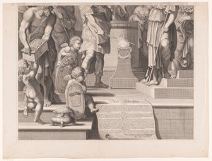 Marte infila la sua spada nelle fiamme davanti a un tempio (parte inferiore) da François de Poilly (I)