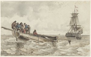 Otto uomini in una barca a remi vicino a una nave a vela da Frans Arnold Breuhaus de Groot