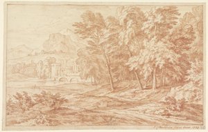 Paesaggio con fiume e ponte con torre rotonda