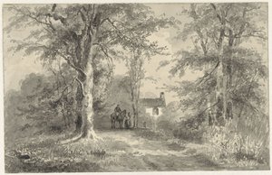 Strada tra alberi con cavaliere e donna da Frans Breuhaus de Groot