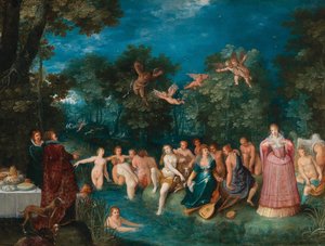 Diana e le sue ninfe che fanno il bagno, con una caccia al cervo sullo sfondo da Frans Francken the Younger