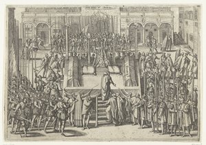 Il patibolo dopo la decapitazione di Egmond e Horne, 1568 da Frans Hogenberg (attributed to)