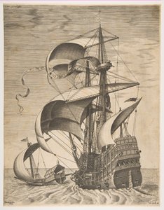 Tre-mast armedo in mare aperto accompagnato da una galea, dalla serie Sailing Ves..., 1561-65 da Frans Huys
