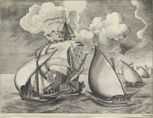 Una flotta di galee armate accompagnata da una nave da guerra (Navi a vela) da Frans Huys