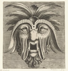 Maschera con bocca aperta, senza denti, guance cadenti e ciuffi sulla testa