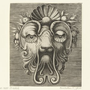 Maschera con occhi a forma di conchiglia e una conchiglia tra grappoli di frutta sulla fronte da Frans Huys